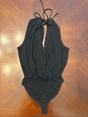BCBGeneration Black Halter-Style Draped Bodysuit